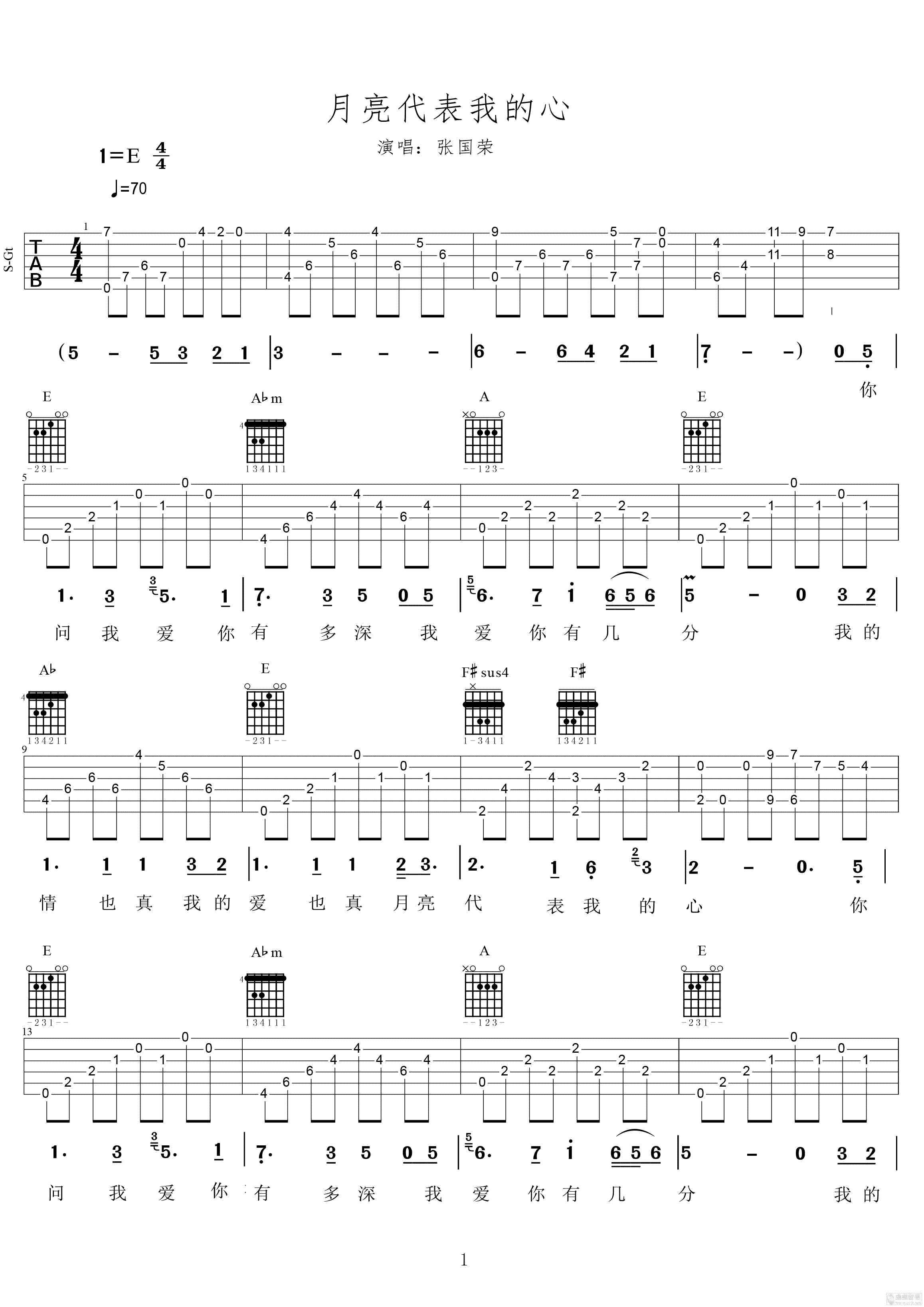 月亮代表我的心吉他谱-张国荣-高清弹唱谱-图片谱1