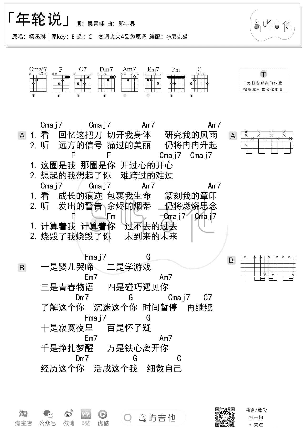 年轮说吉他谱_杨丞琳_C调弹唱谱_吉他教学视频2