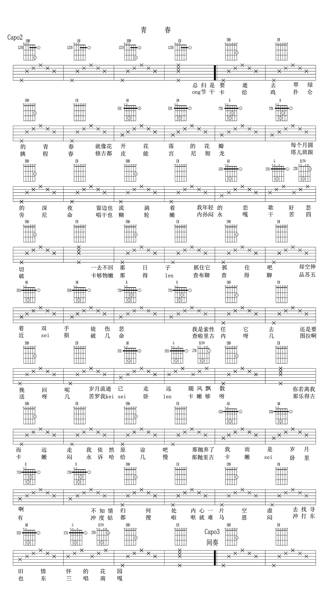 1988青春吉他谱图片