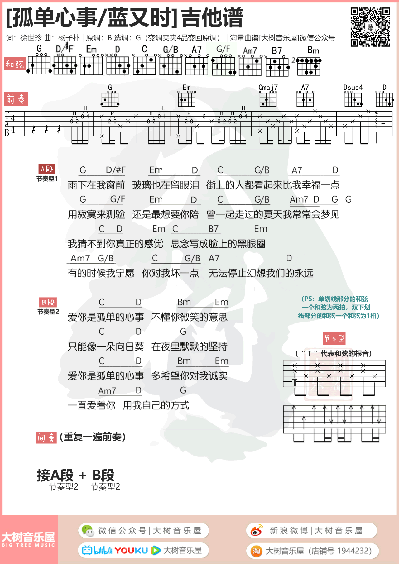 孤单心事吉他谱_蓝又时/颜人中_和弦弹唱谱1