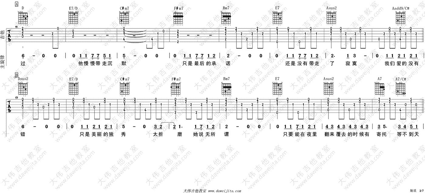 她说吉他谱-林俊杰-A调指法弹唱谱-吉他教学视频2