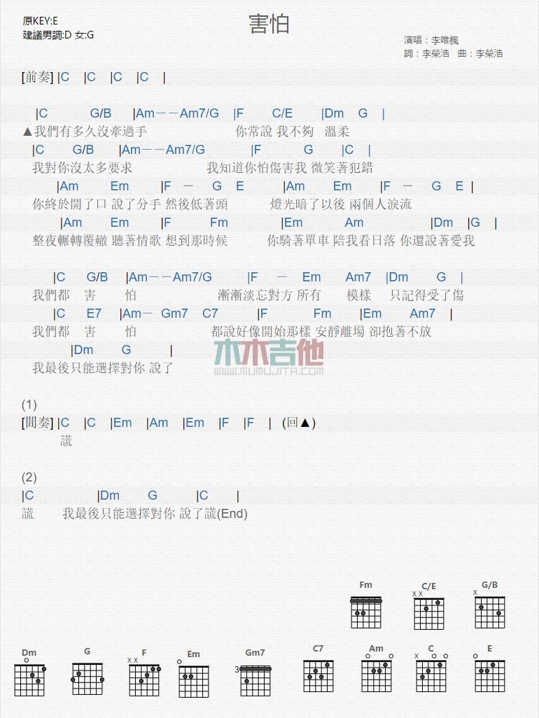 害怕_吉他谱_李唯枫1