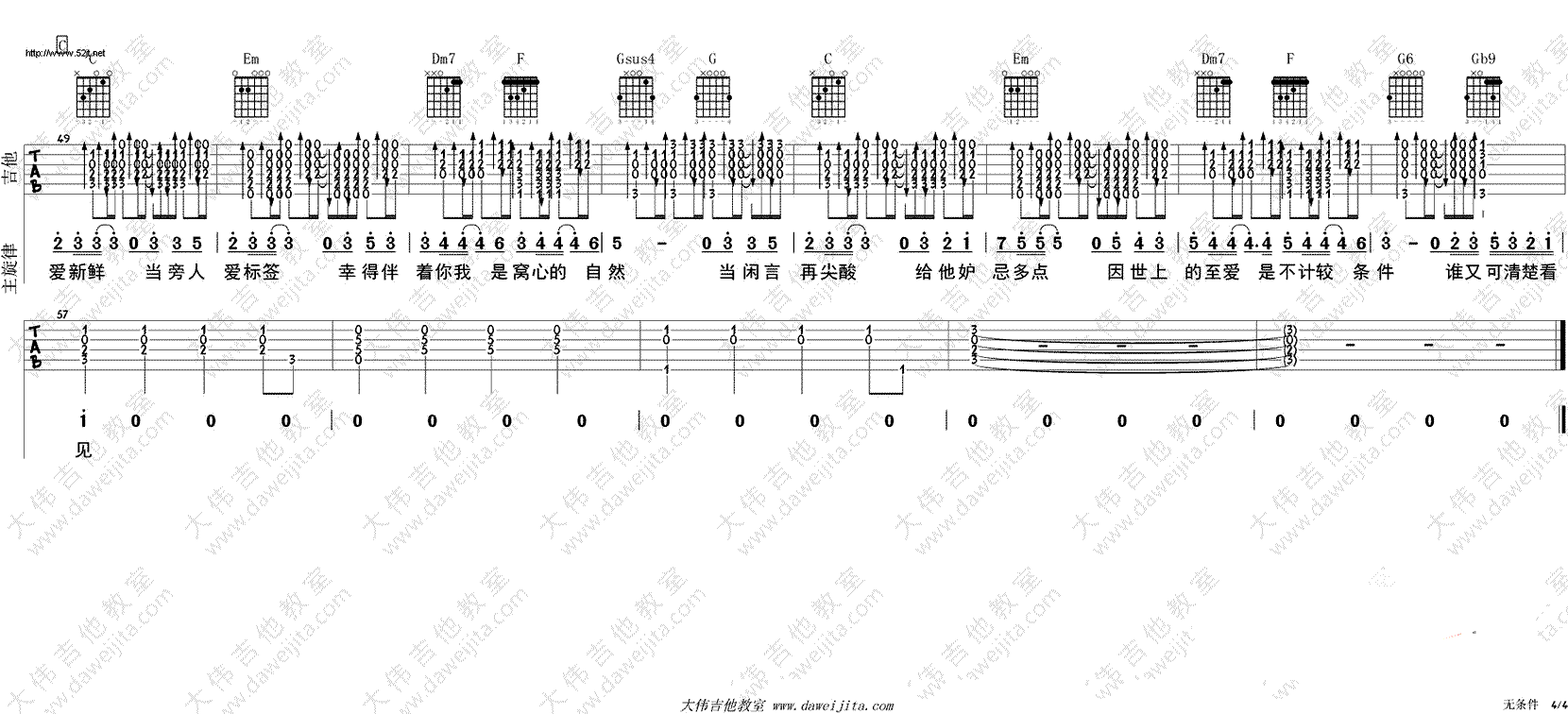 无条件吉他谱-陈奕迅《无条件》C调弹唱谱-吉他教学视频4