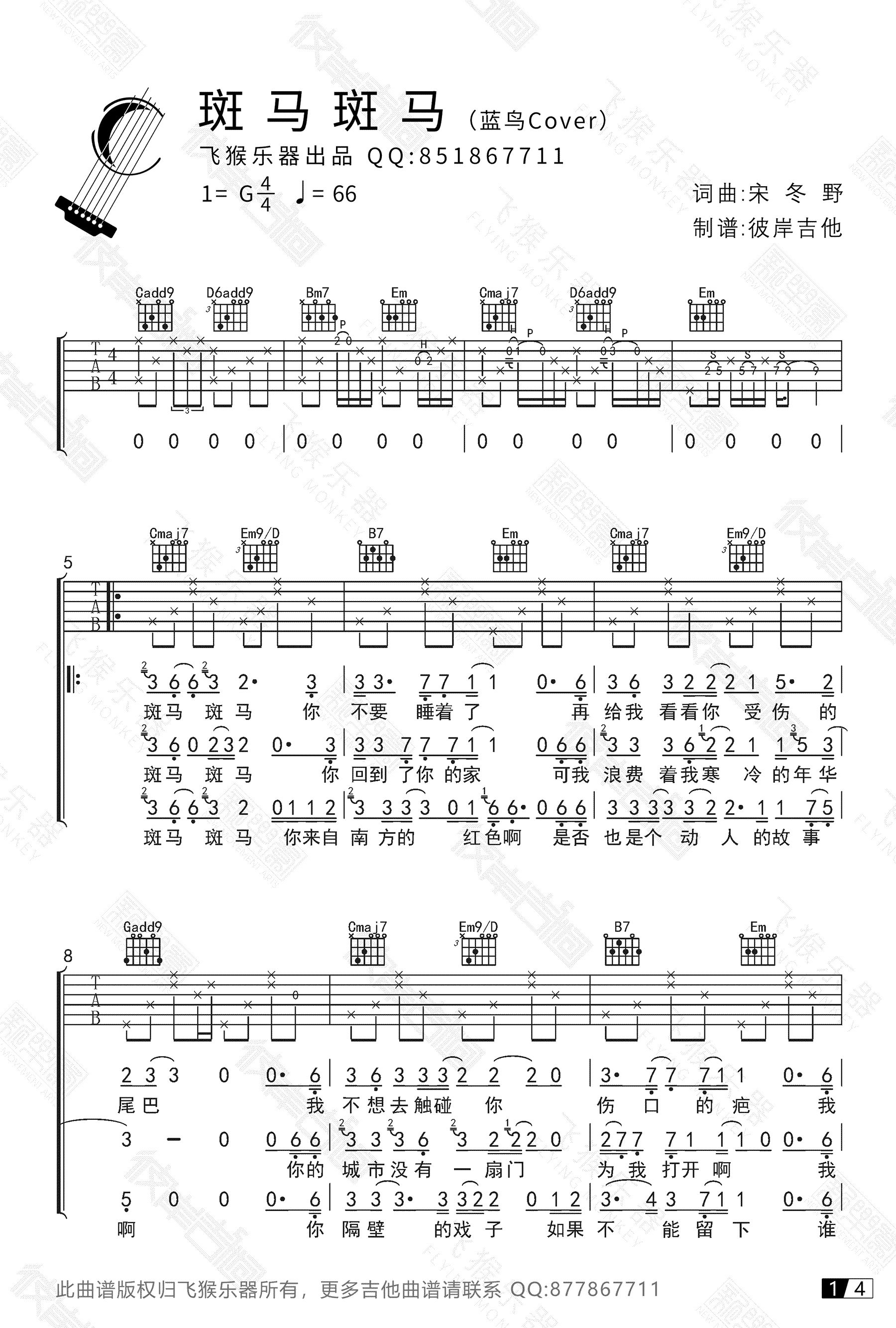 斑马斑马吉他谱-宋冬野-G调带SOLO版本-吉他弹唱示范演示1