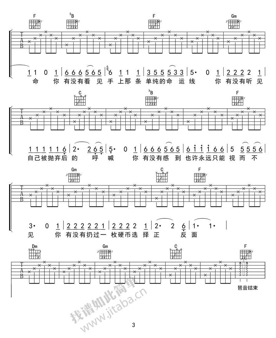 硬币吉他谱 F调指法 汪峰 高清图片谱3
