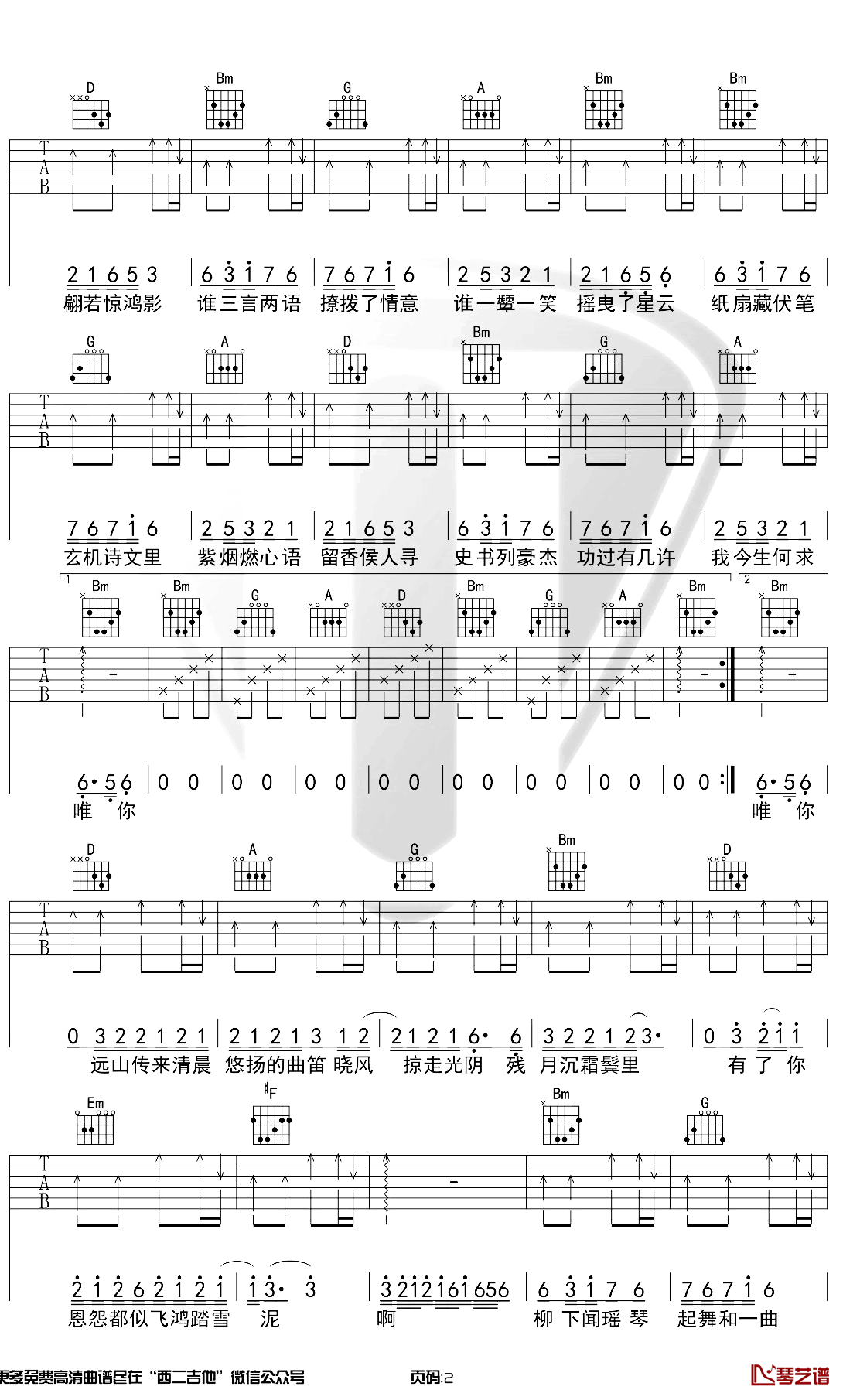 惊鸿一面吉他谱 许嵩/黄龄 C调六线谱 弹唱教学演示视频2