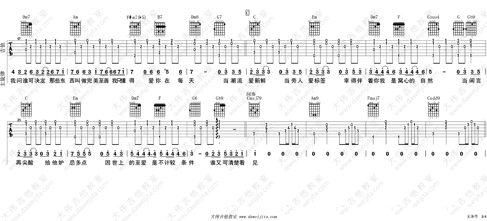 无条件吉他谱-陈奕迅《无条件》C调弹唱谱-吉他教学视频2