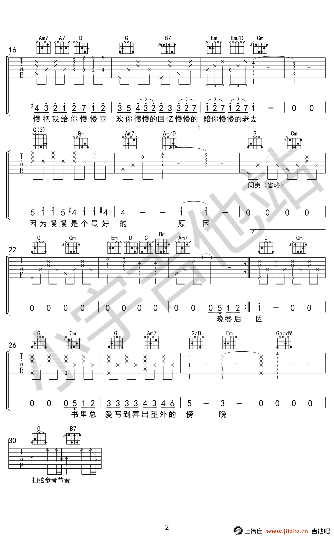 慢慢喜欢你吉他谱-G调六线谱-莫文蔚-高清弹唱谱2