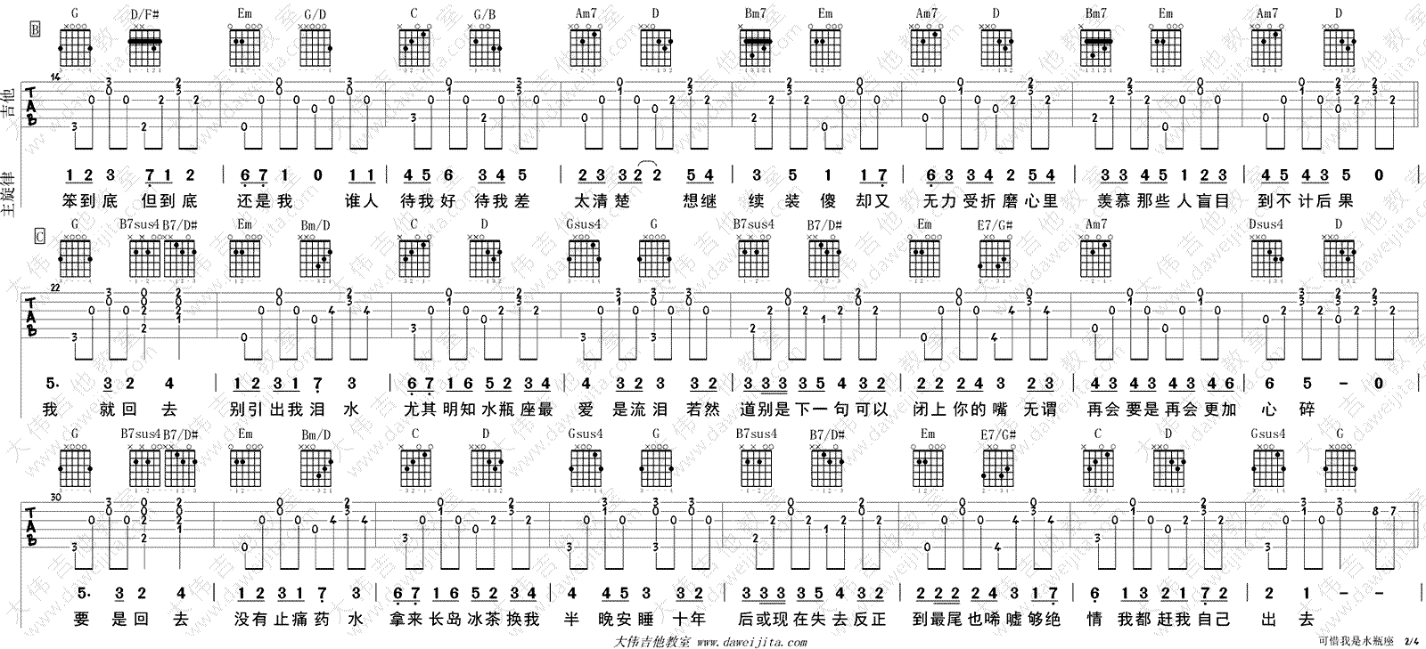 可惜我是水瓶座吉他谱-杨千嬅-G调六线谱-吉他弹唱视频2