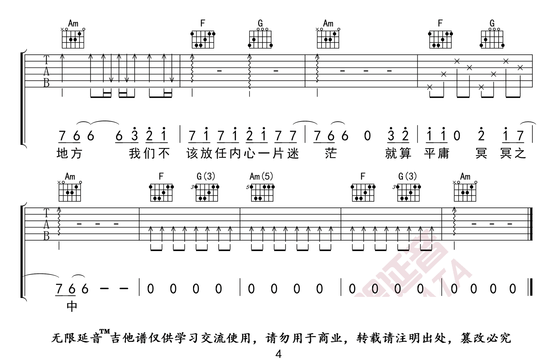 敬长安吉他谱-隔壁老樊-《敬长安》C调原版-高清弹唱六线谱1