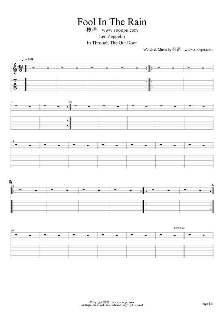 Fool In The Rain指弹谱 原调六线谱-简单版-Led Zeppelin1