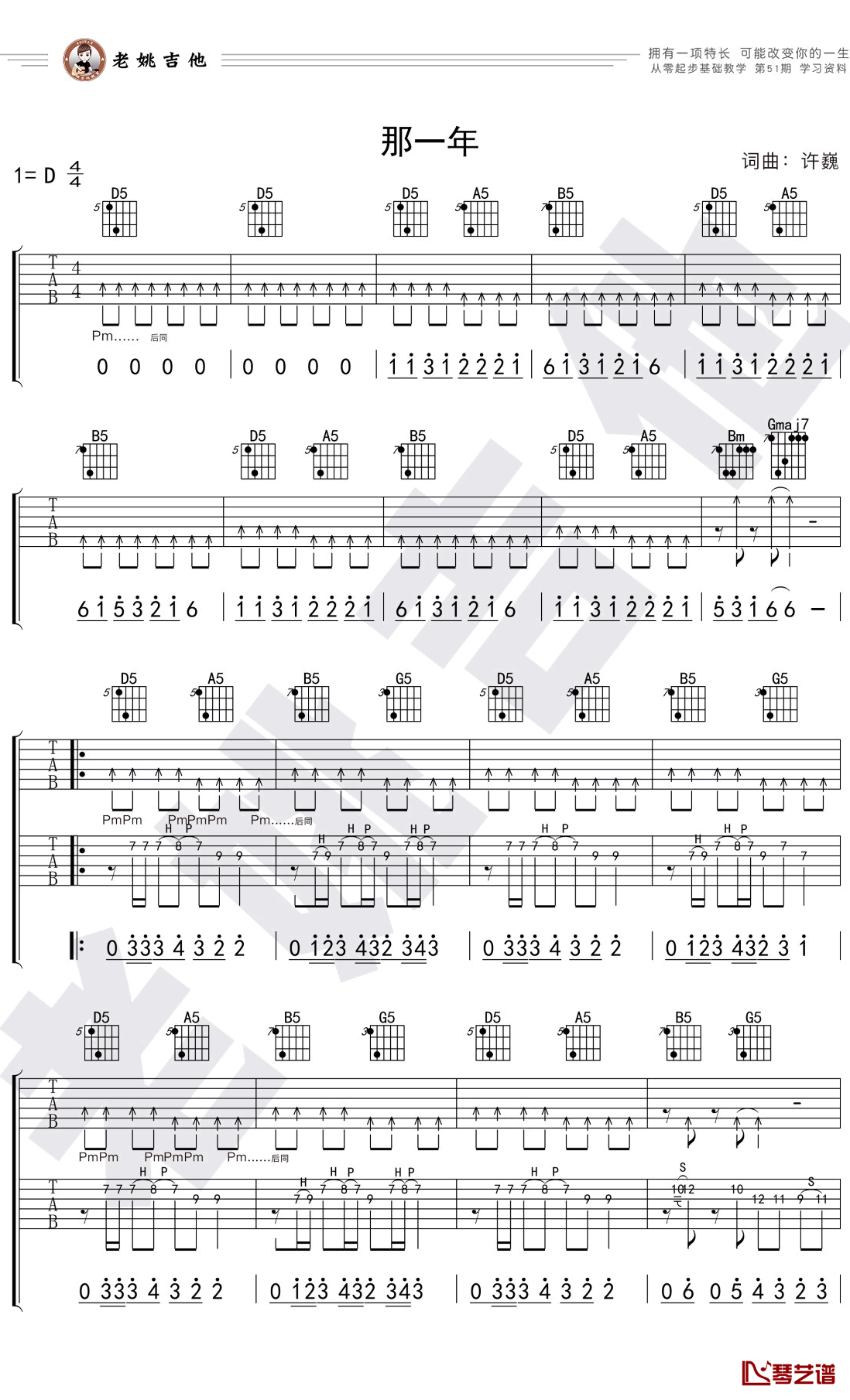 那一年吉他谱 D调指法 许巍 姚吉他出品1