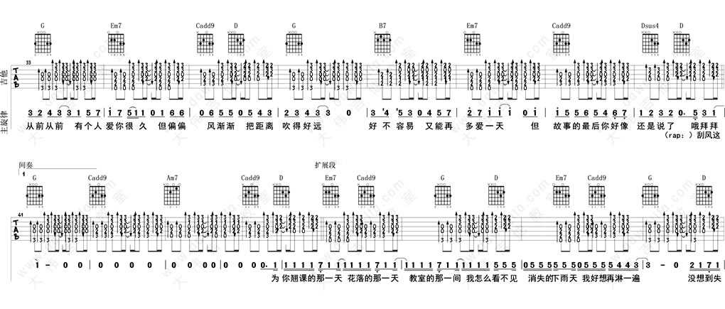 晴天吉他谱(G调弹唱谱) 周杰伦 晴天吉他六线谱3