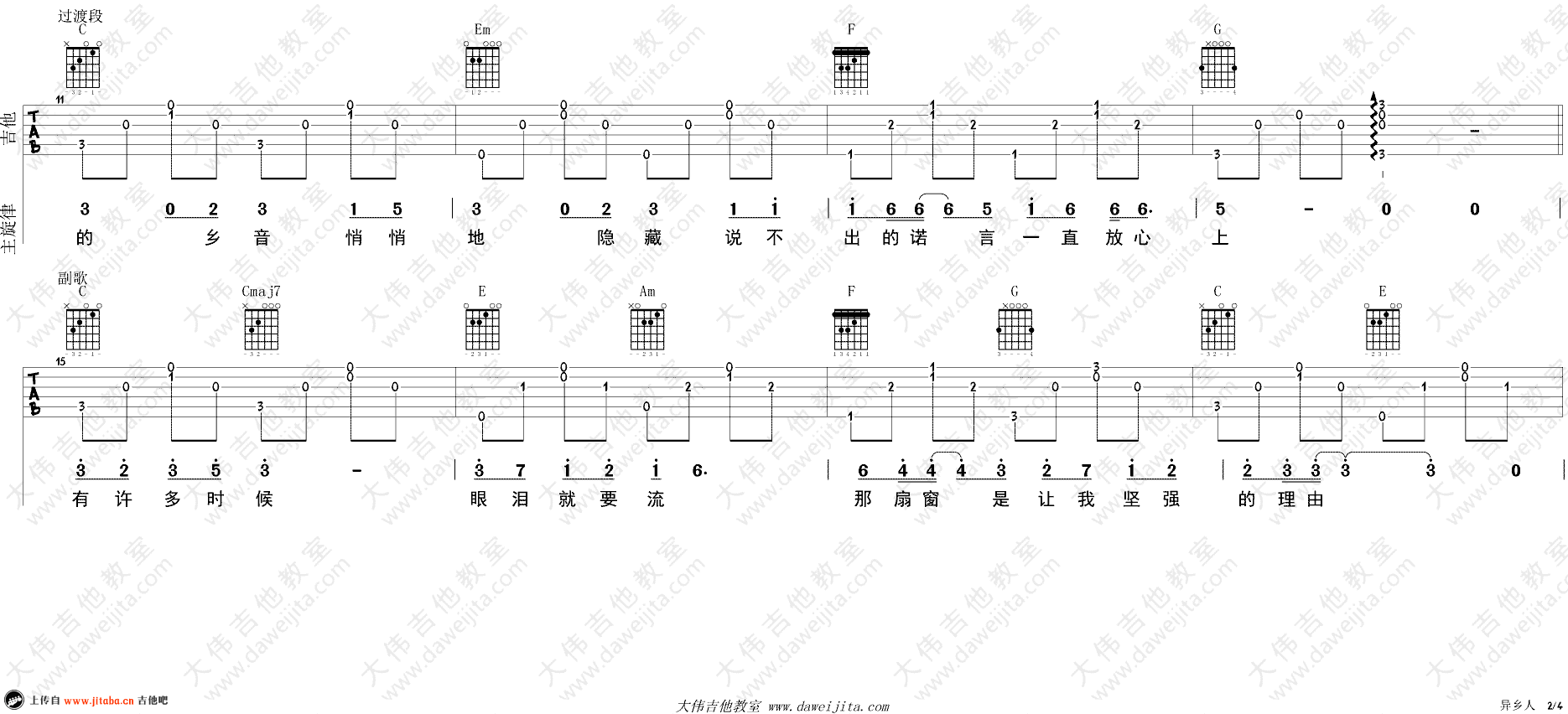 异乡人吉他谱 李健 C调弹唱六线谱 高清版-吉他教学视频2