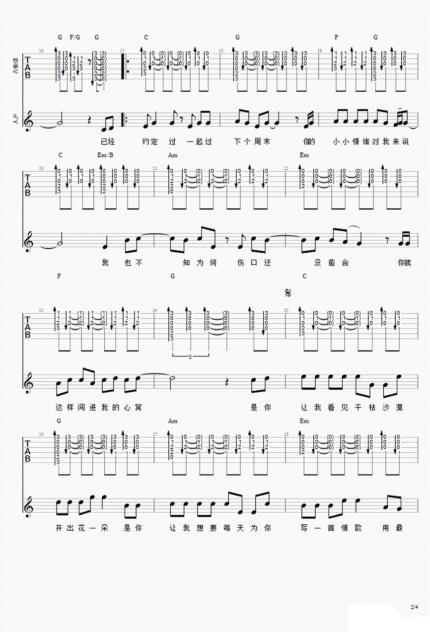 有点甜吉他谱-汪苏泷/by2《有点甜》六线谱-吉他弹唱谱2