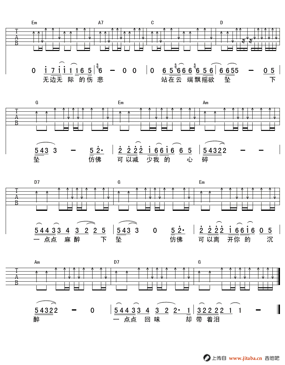 下坠吉他谱-汪峰《歌手》-下坠六线谱-单吉他简编版2