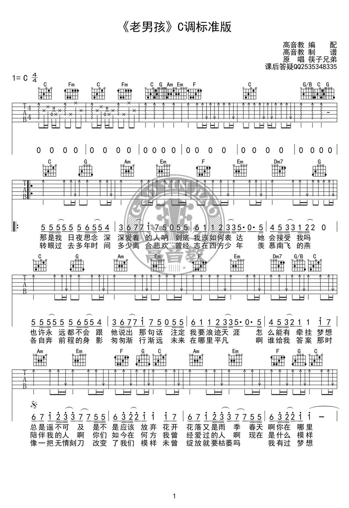 老男孩吉他谱-筷子兄弟-C调标准版-吉他弹唱教学视频1