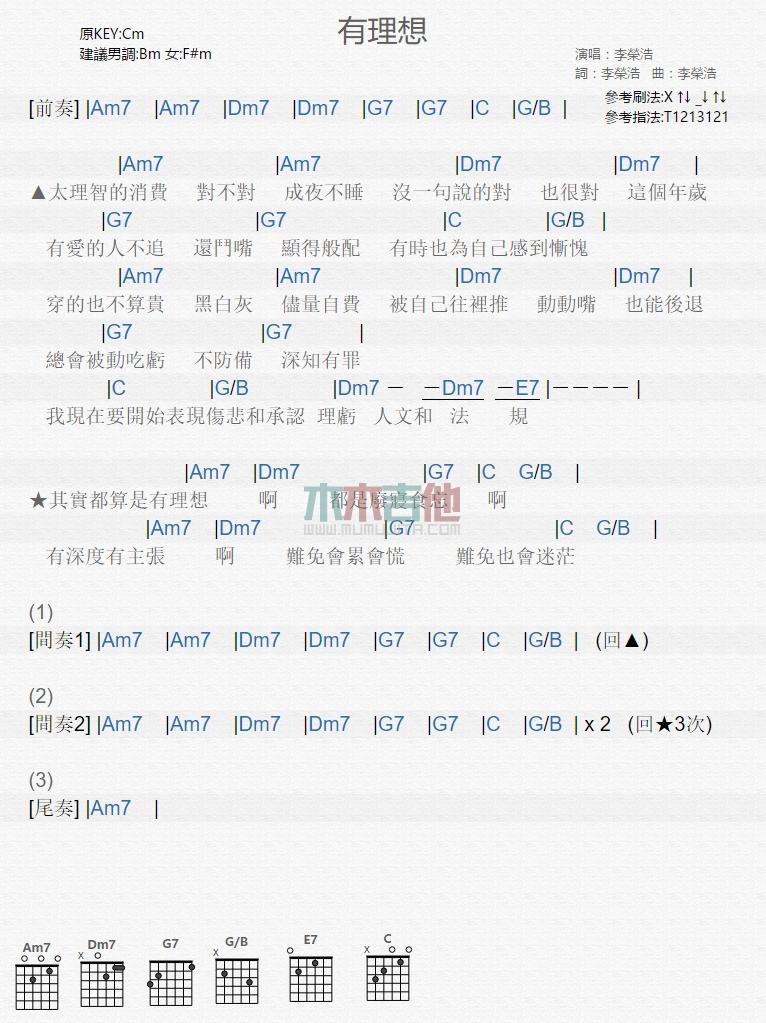 有理想_吉他谱_李荣浩1