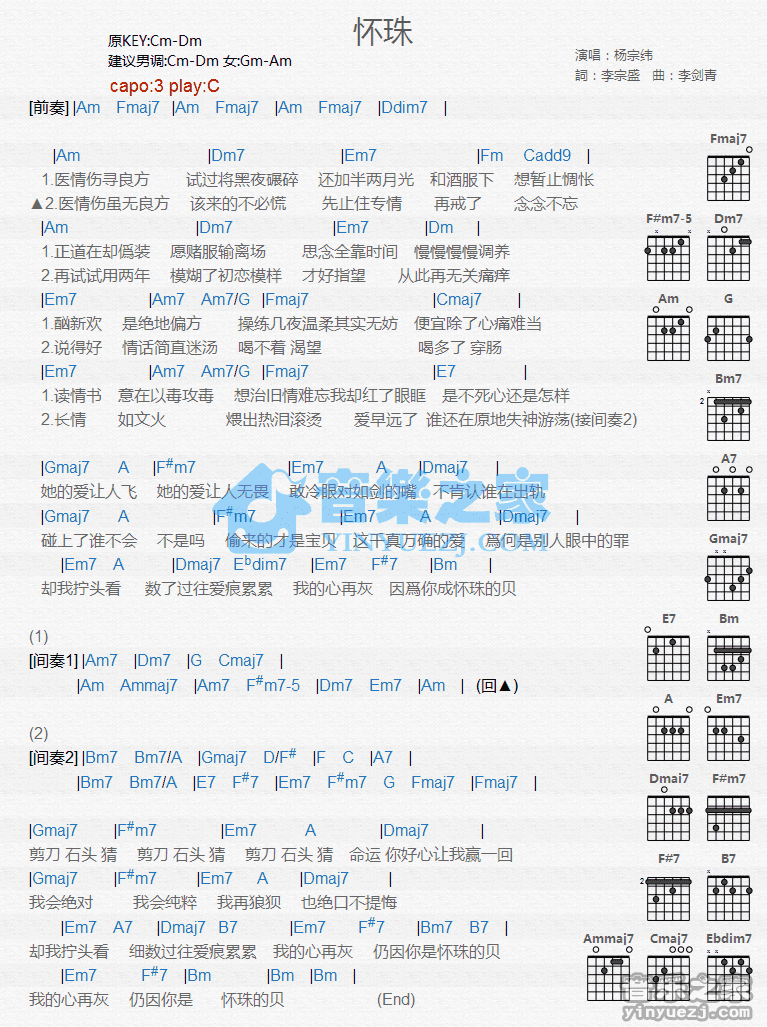 怀珠吉他谱 C调和弦谱-杨宗纬1