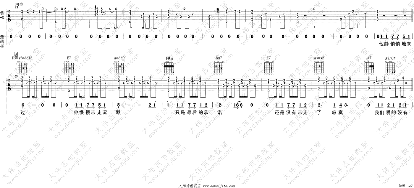 她说吉他谱-林俊杰-A调指法弹唱谱-吉他教学视频4
