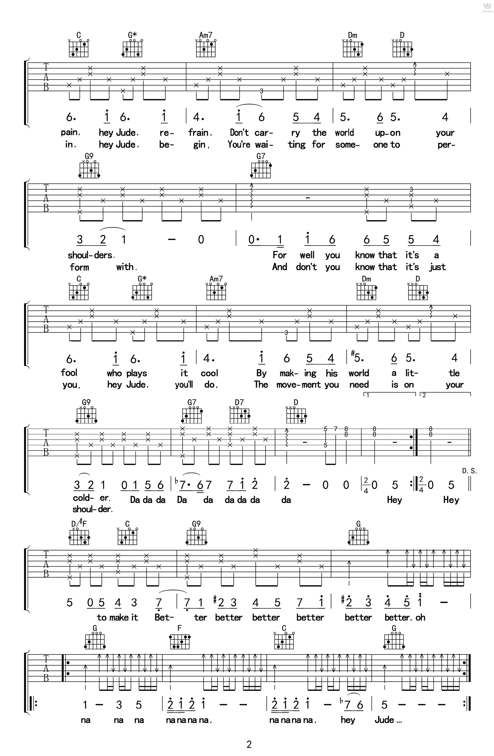 Hey Jude吉他谱_孙燕姿_经典英文歌曲_弹唱六线谱2