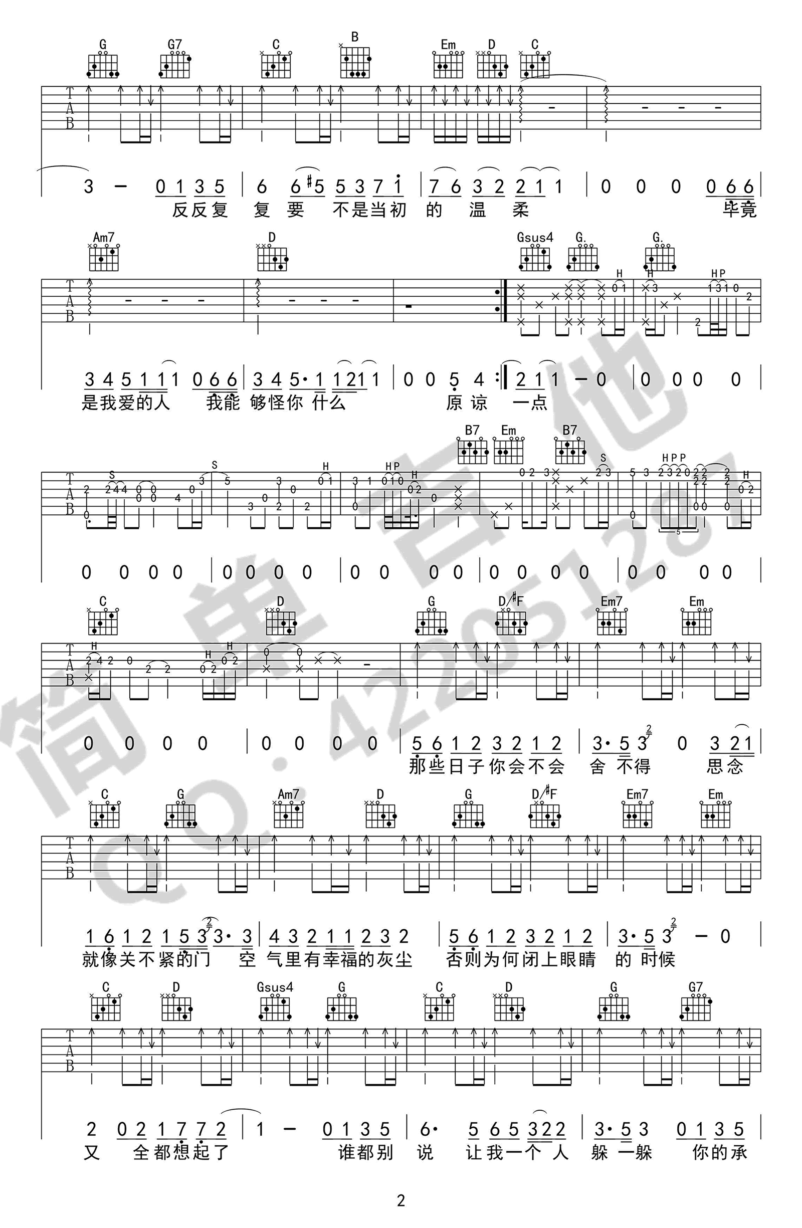 原谅吉他谱-张玉华《原谅》六线谱-完美弹唱谱2