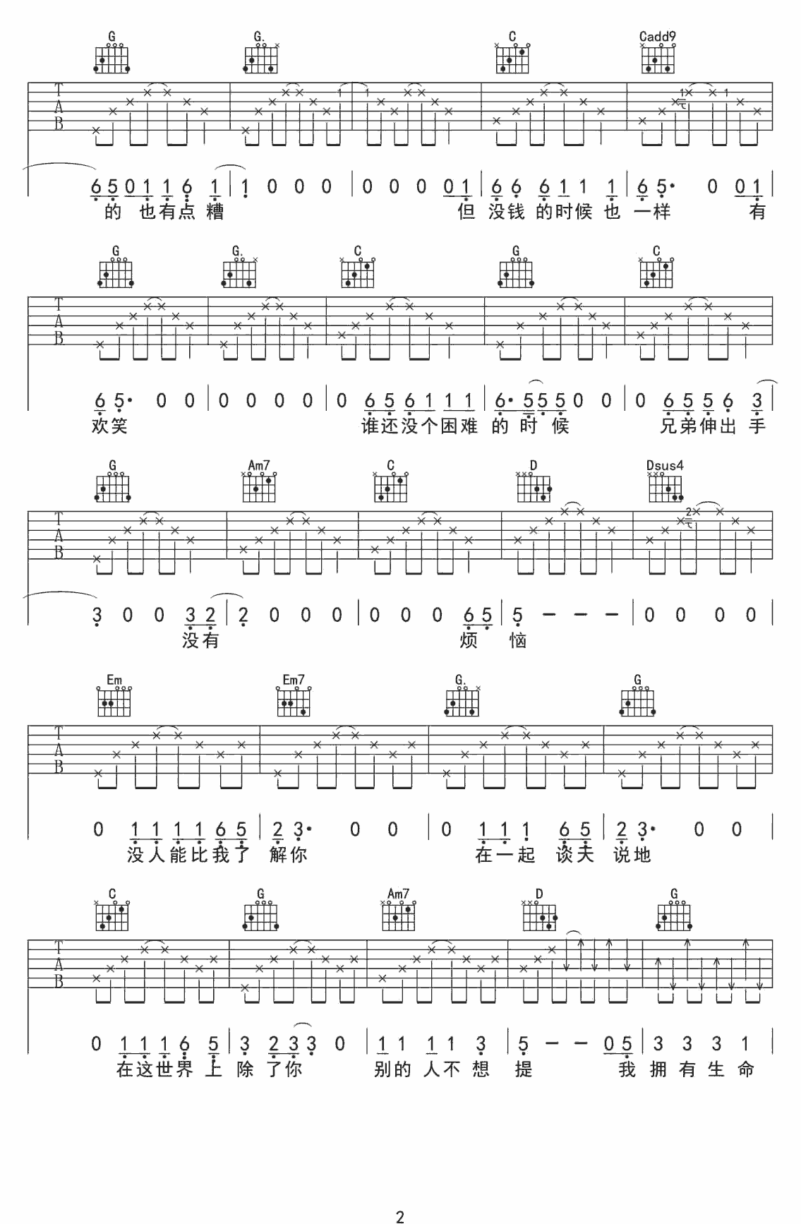 兄弟我和你吉他谱-G调和弦-卢焱2