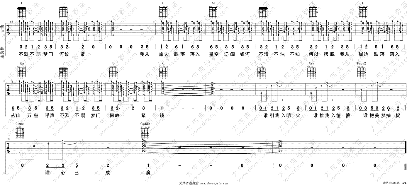 我从崖边跌落吉他谱-谢春花-C调-吉他弹唱视频演示4