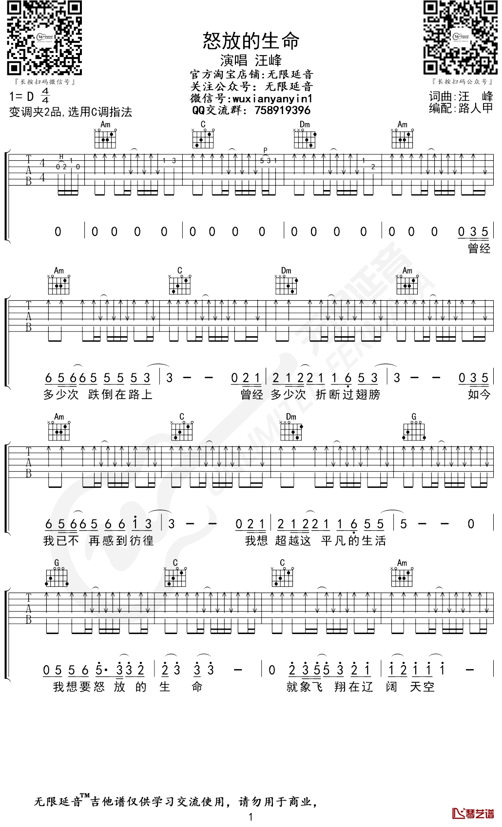 怒放的生命吉他谱 C调弹唱谱 汪峰 无限延音编配1