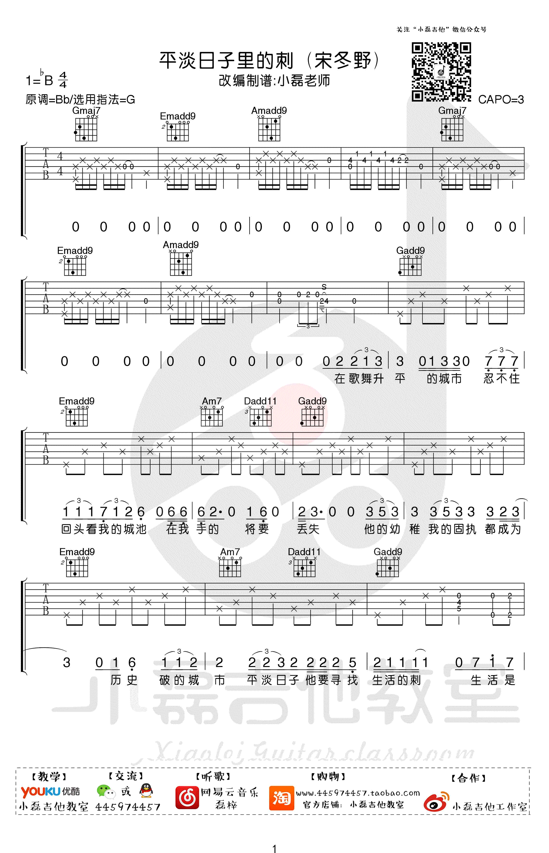 平淡日子里的刺吉他谱-宋冬野-G调弹唱谱-吉他教学视频1