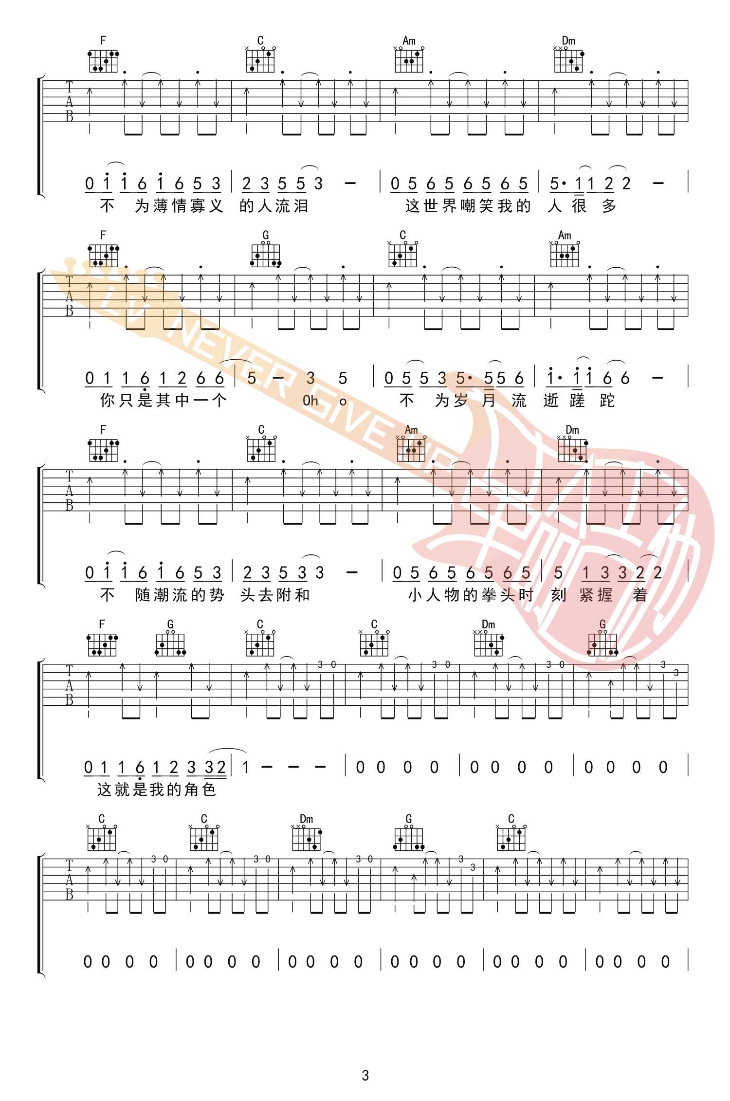 小人物吉他谱 赵雷 C调指法六线谱 高清版3