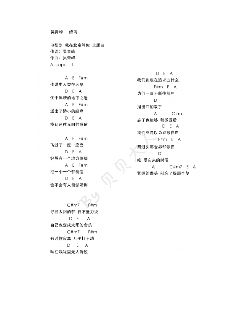 蜂鸟_吉他谱_吴青峰【和弦谱】1