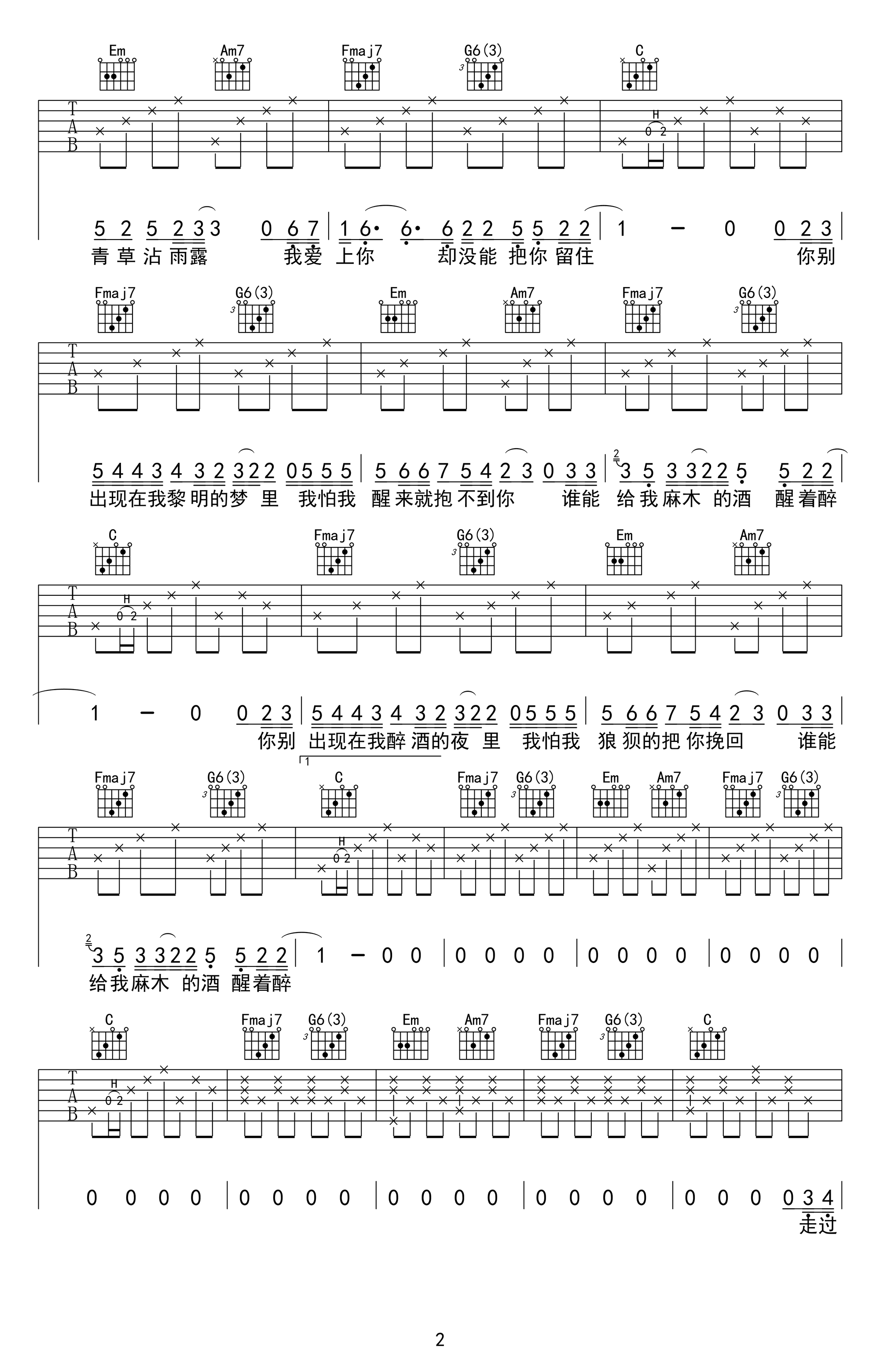 醒着醉吉他谱-C调-马良-吉他弹唱图片谱2