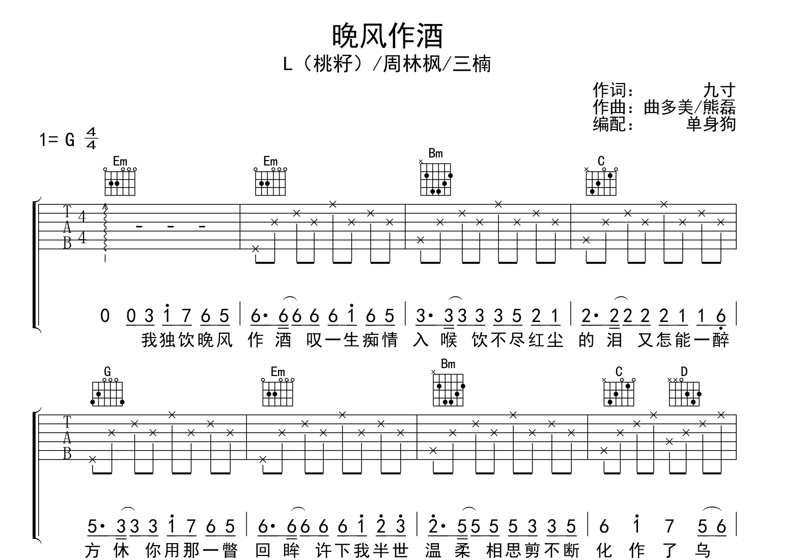 晚风作酒吉他谱_L(桃籽)/周林枫/三楠_G调六线谱1