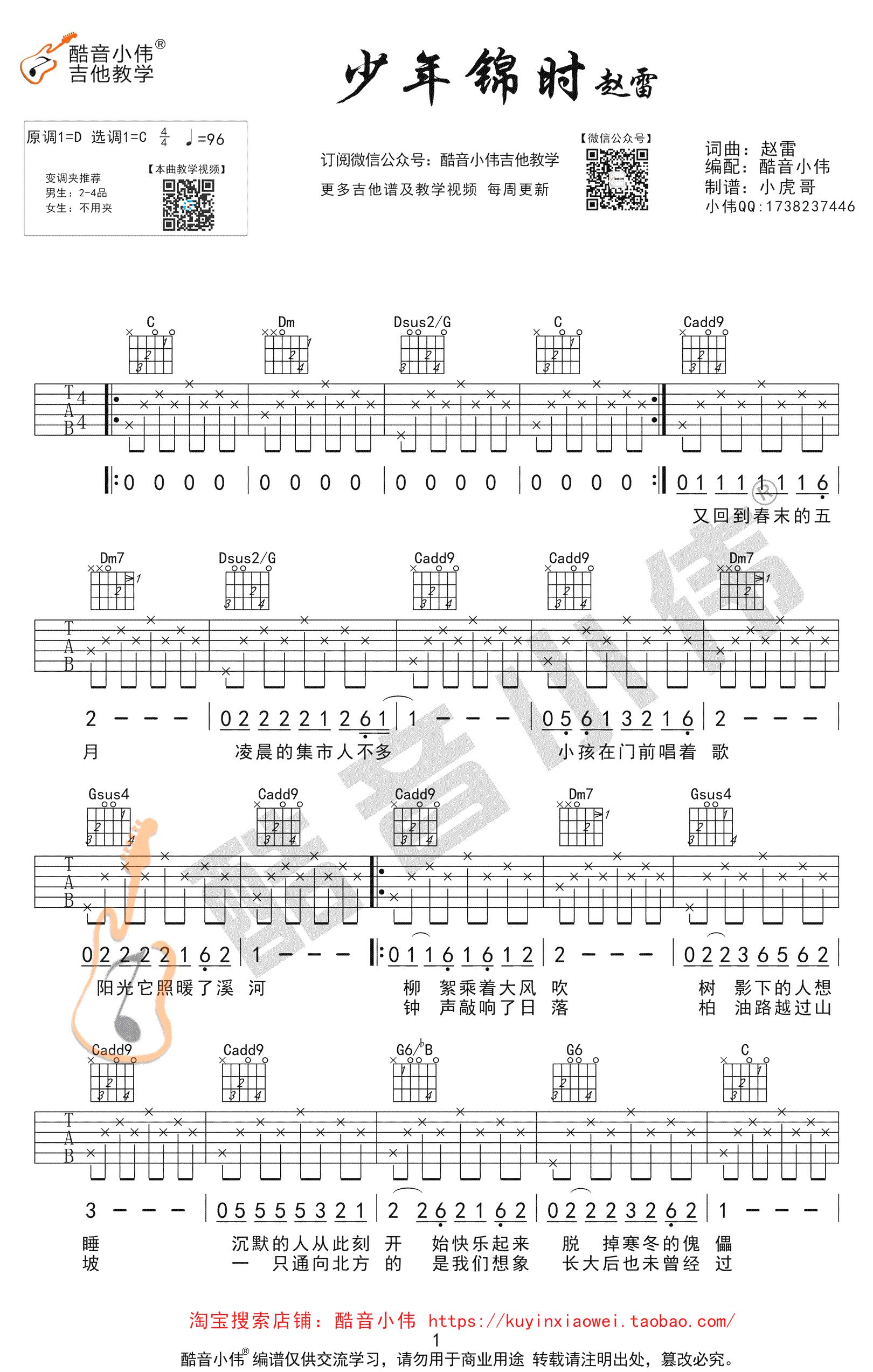 少年锦时吉他谱 C调弹唱谱 赵雷 吉他教学视频1