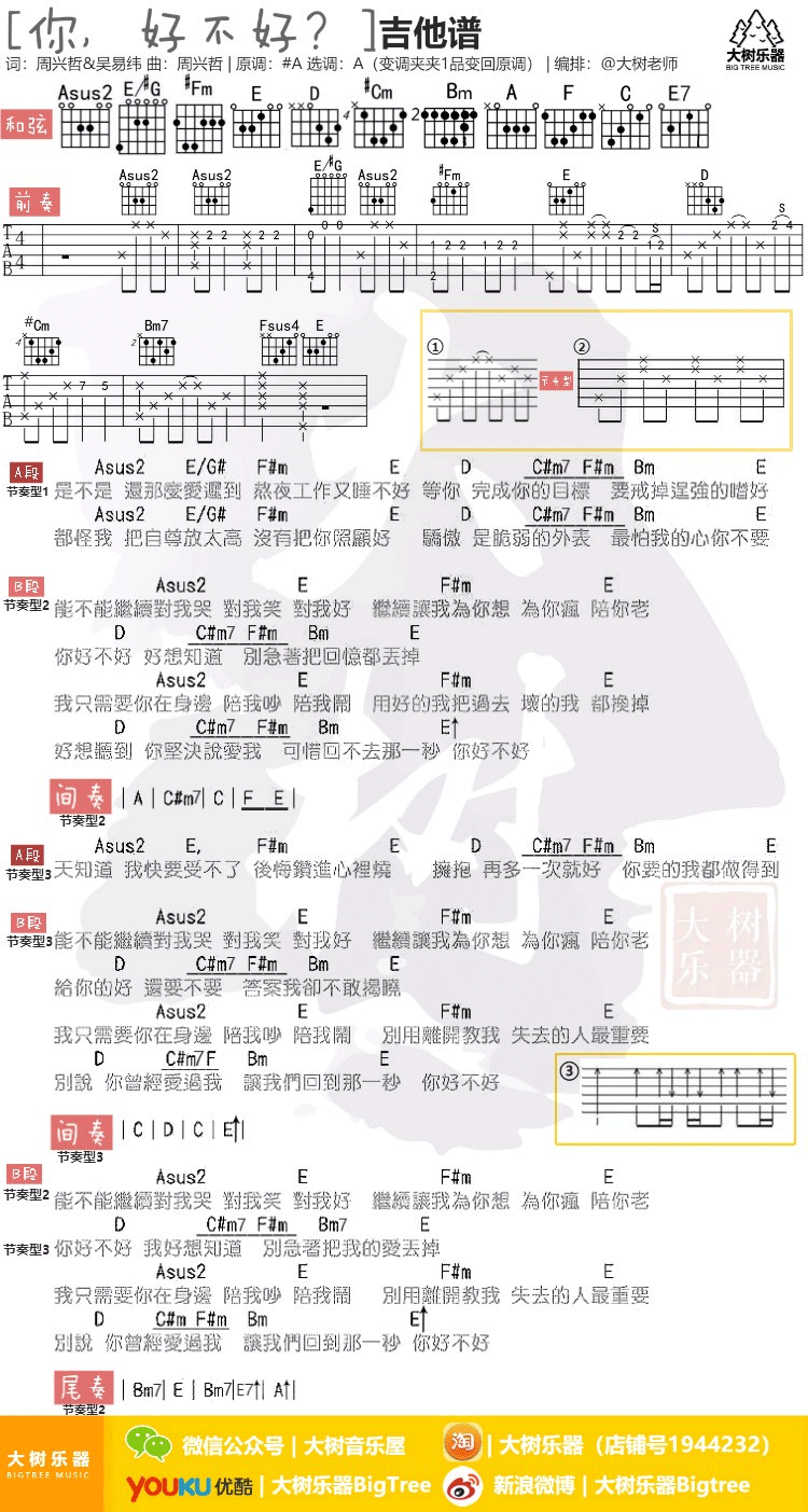 你好不好吉他谱 周兴哲 A调弹唱谱 你好不好吉他教学视频1