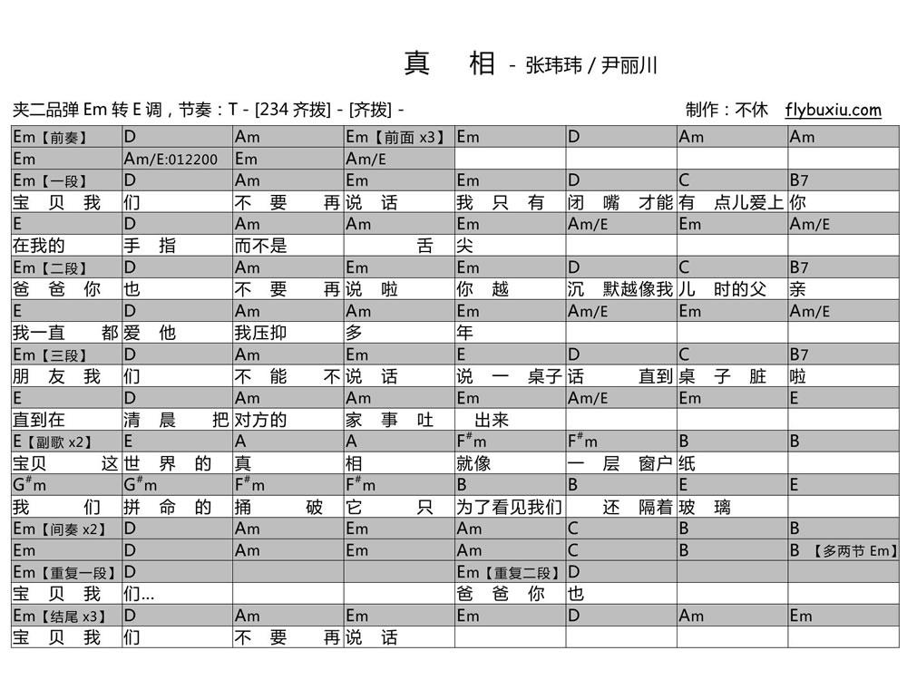 张玮玮《真相》吉他谱_和弦弹唱谱_改编尹丽川的诗1