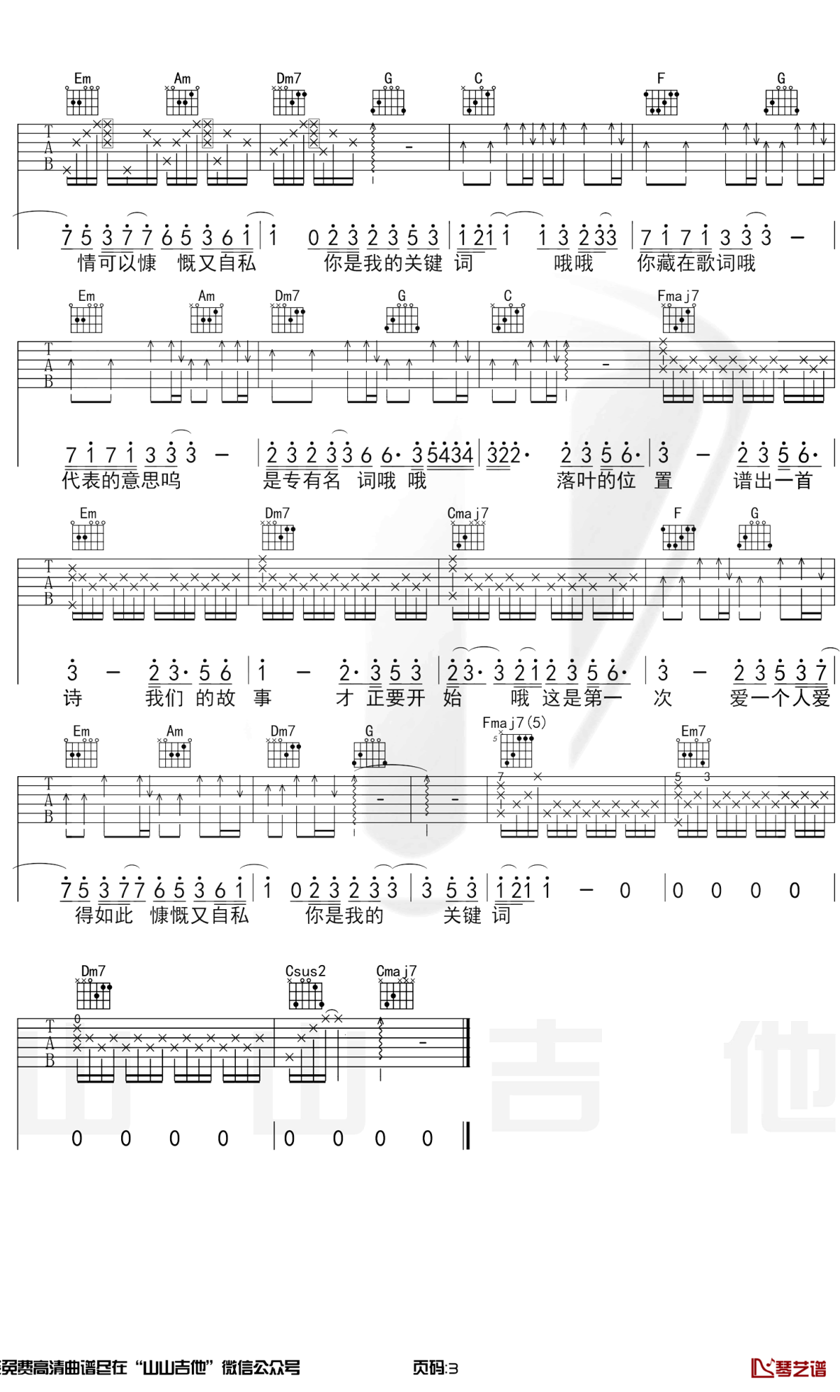 关键词吉他谱 林俊杰 C调原版 吉他教学演示视频3