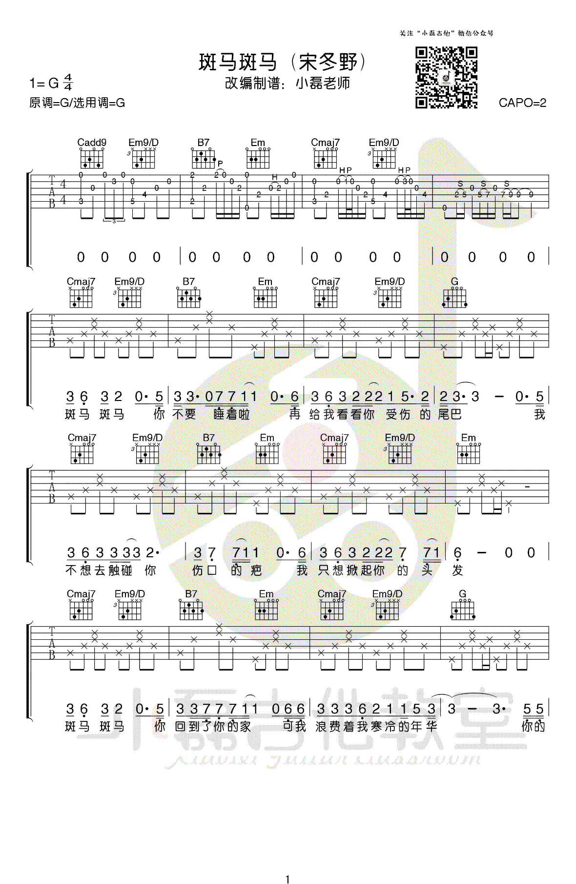 斑马斑马吉他谱-原版弹唱谱-宋冬野-吉他教学视频1