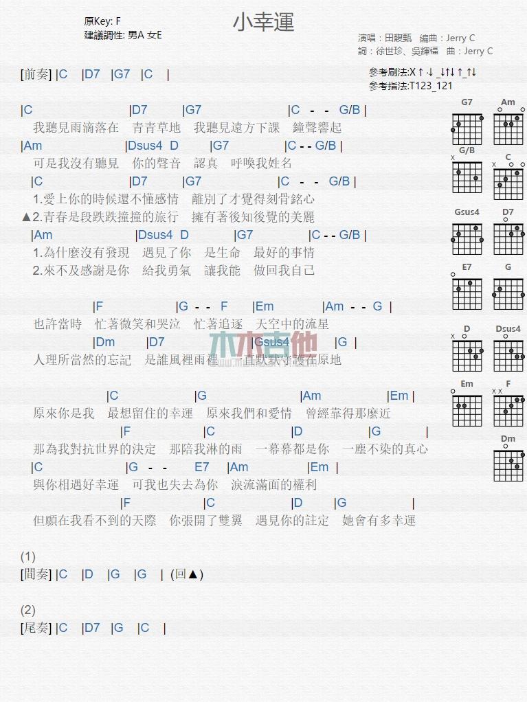 小幸运图片吉他谱F调扫弦版歌手田馥甄1