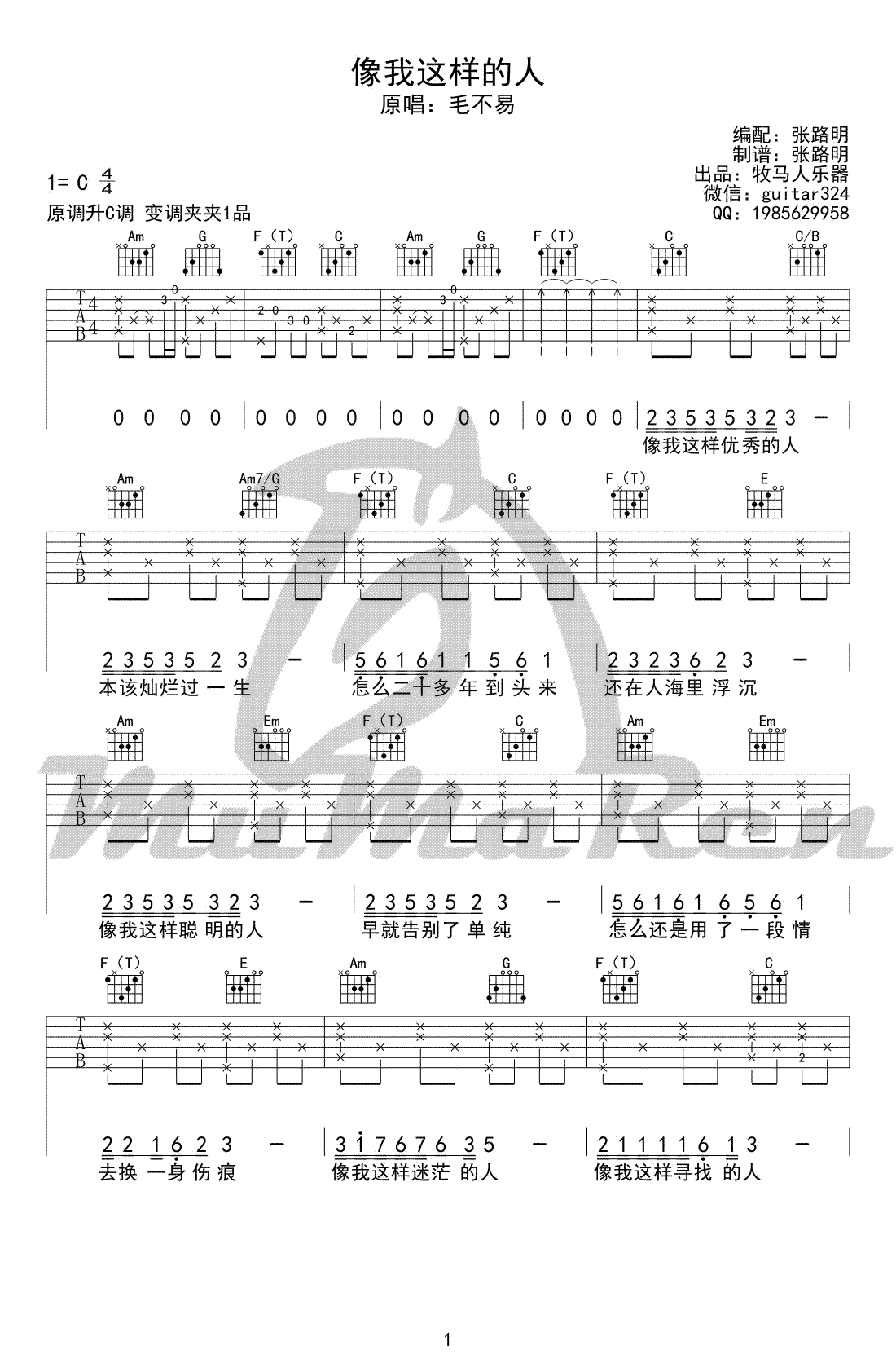 像我这样的人吉他谱-C调弹唱谱-毛不易-高清图片六线谱1