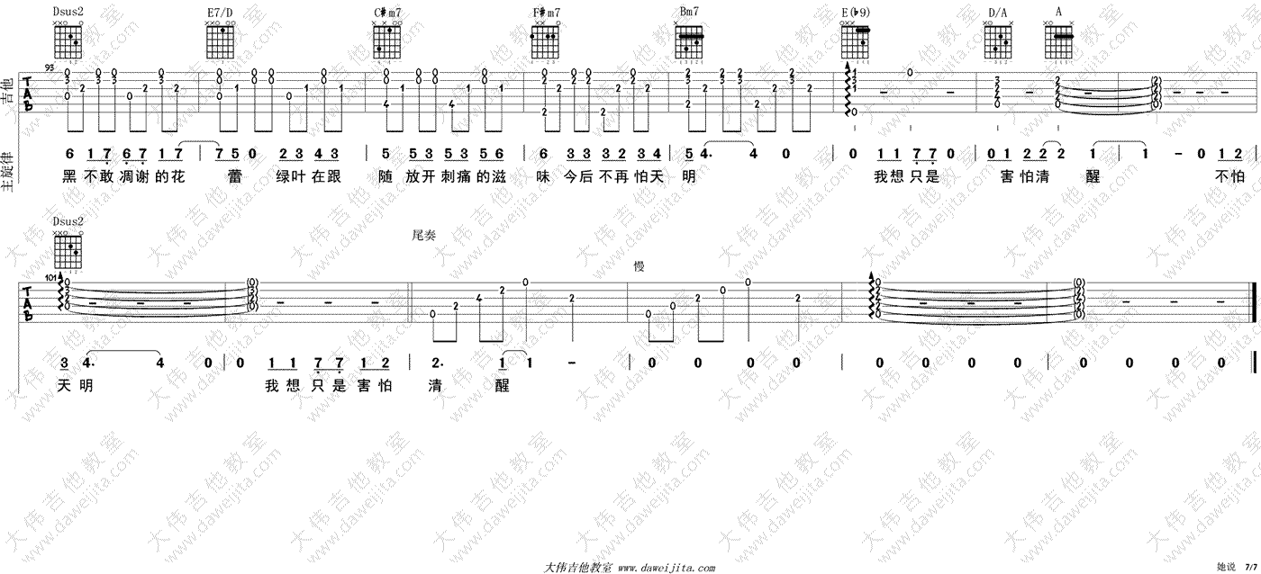 她说吉他谱-林俊杰-A调指法弹唱谱-吉他教学视频7