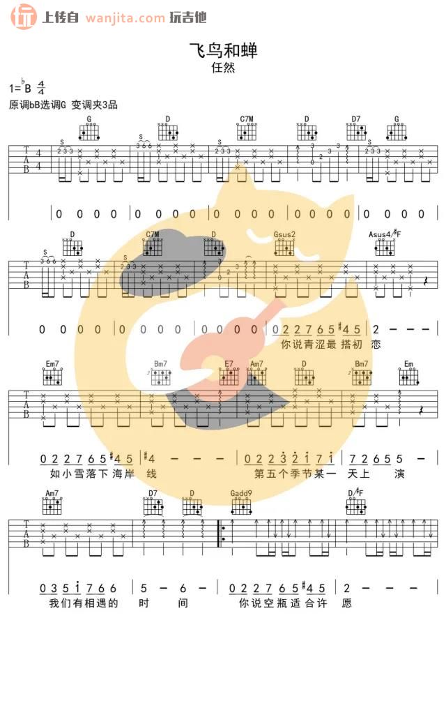 《飞鸟和蝉》吉他谱_G调原版吉他谱_任然1
