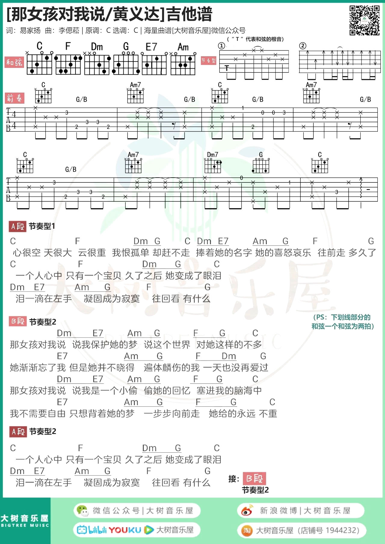 那女孩对我说吉他谱_黄义达_C调带前奏_弹唱谱1