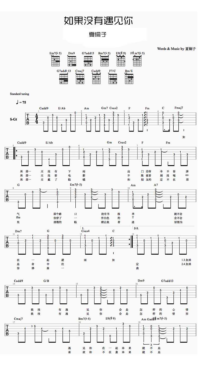 如果没有遇见你吉他谱-夏铜子-原版吉他谱(图片)1