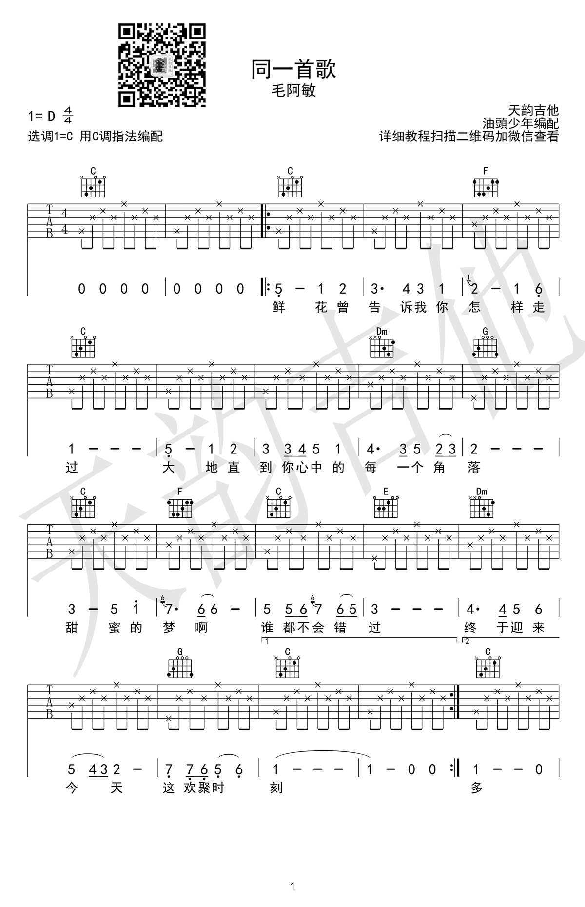 同一首歌吉他谱-C调弹唱谱-六线谱高清版-毛阿敏1