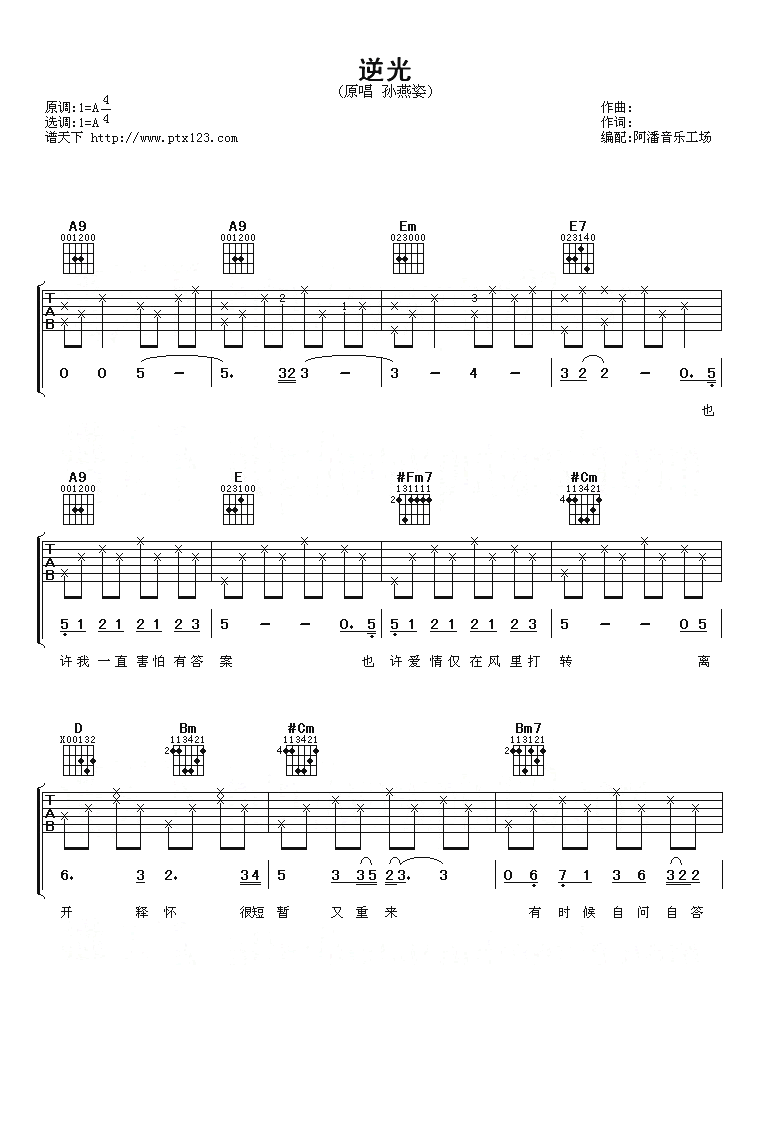 逆光吉他谱-孙燕姿/陈芳语-《创造101》弹唱谱1