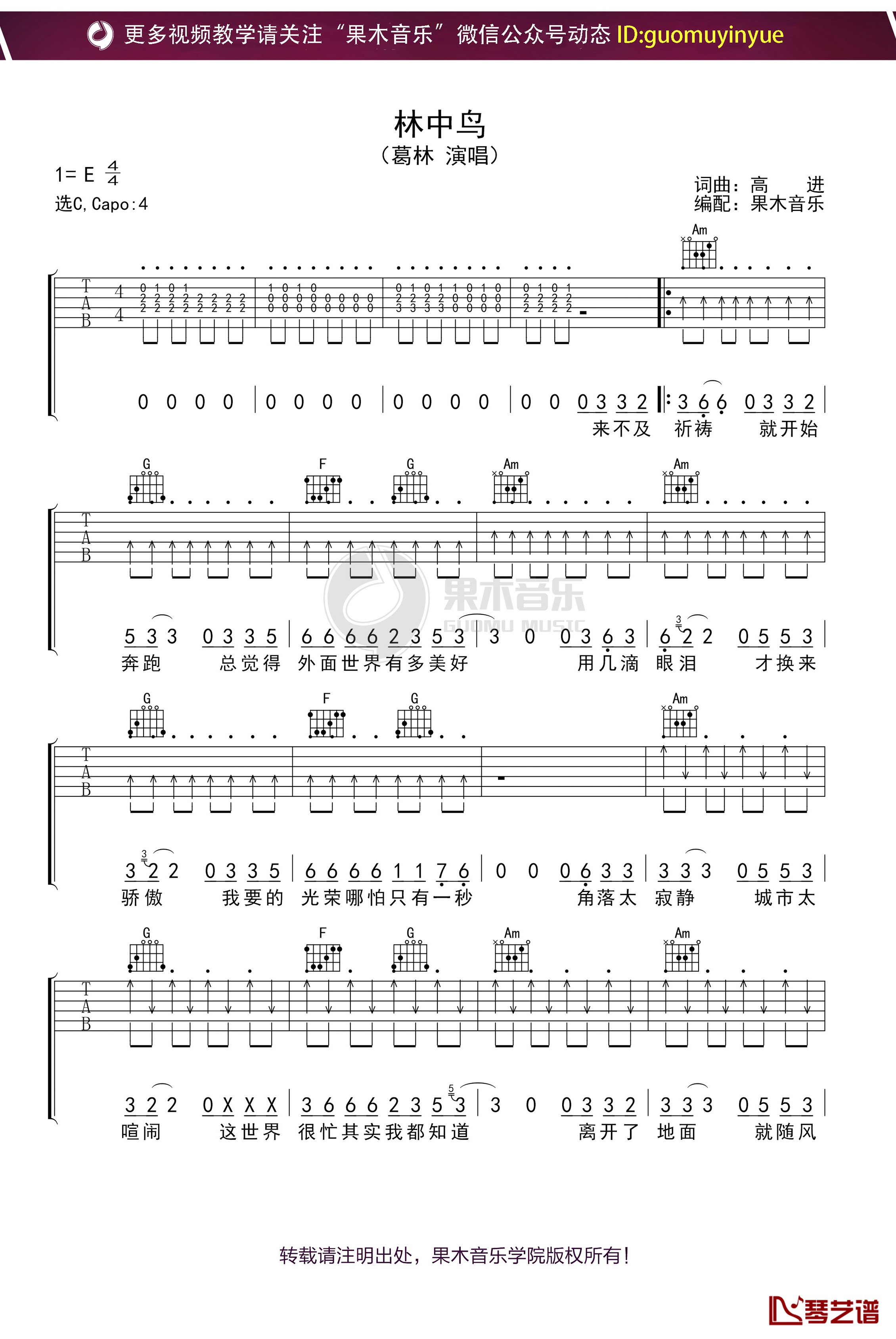 葛林《林中鸟》吉他谱 C调弹唱六线谱1