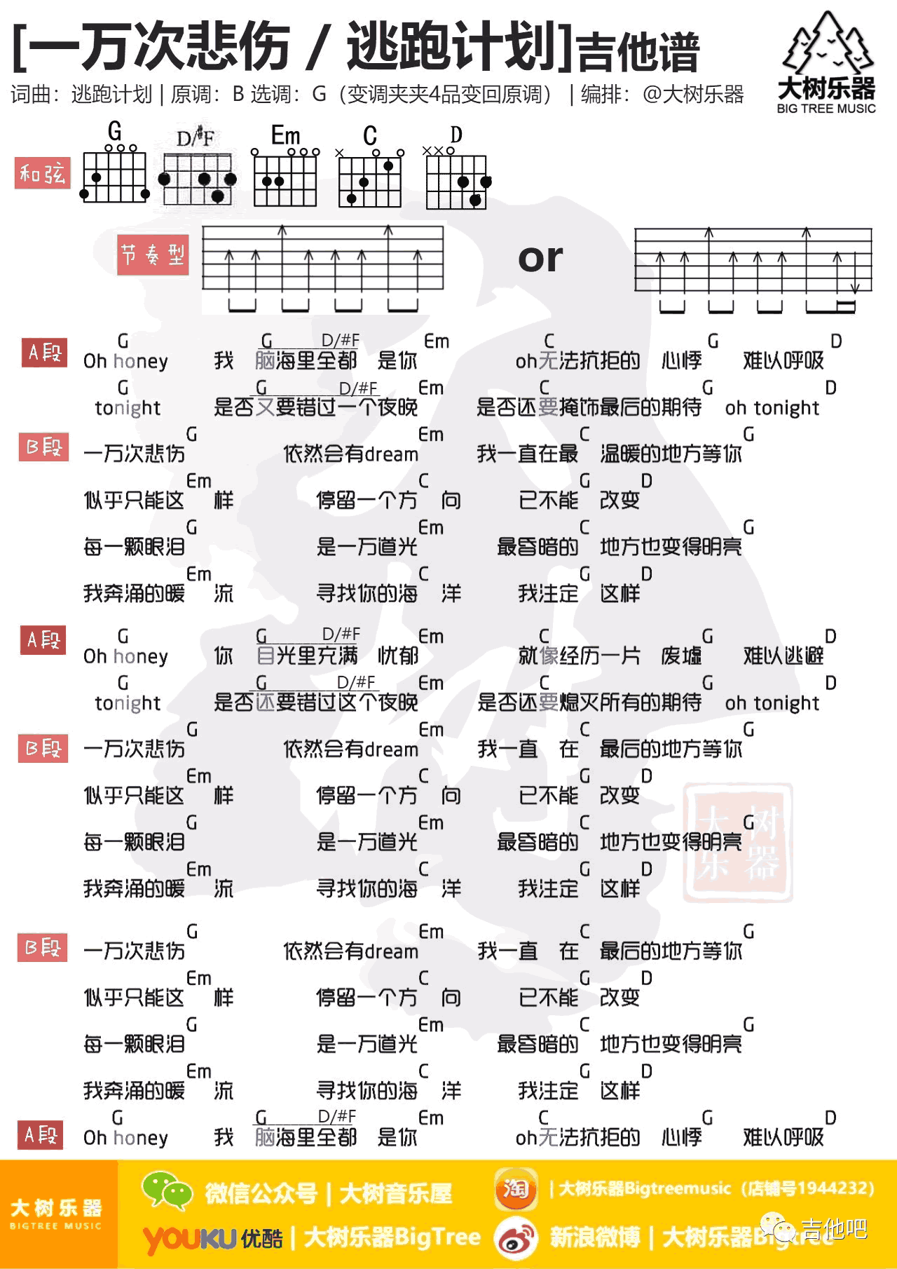 一万次悲伤吉他谱-逃跑计划-G调扫弦版-吉他弹唱教学视频1