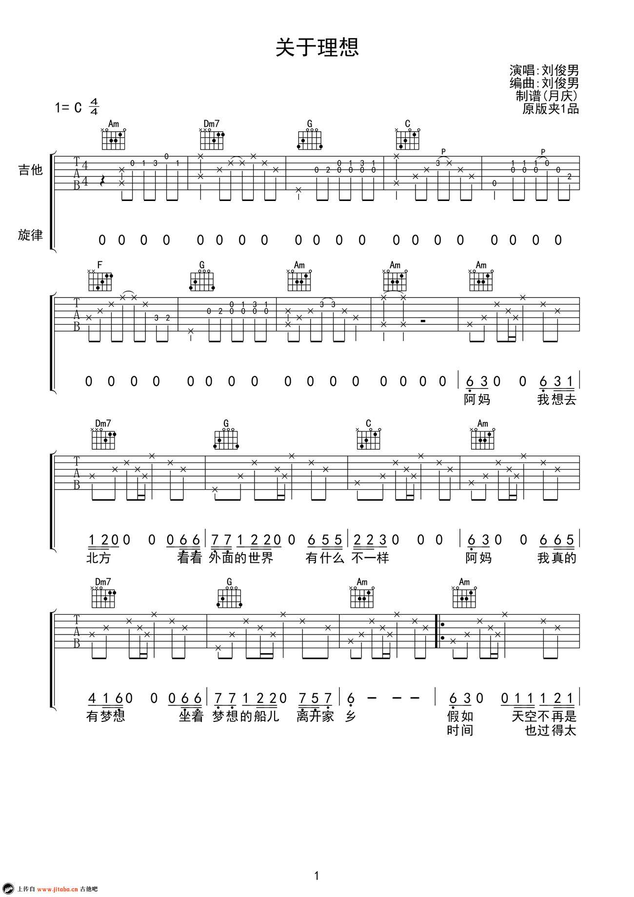 关于理想吉他谱-刘俊男-关于理想六线谱1